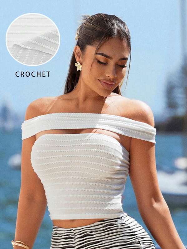 SHEIN SXY Camiseta ajustada de manga caída de un hombro de color sólido, vacaciones casuales, parte superior de hombros descubiertos, atuendos de vacaciones para mujer, atuendos de verano para mujer, blusas de verano para mujer, atuendos de playa para mujer, blusas para salir, ropa de crucero