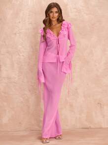 SHEIN BAE 2pcs/Set Women's Elegant Ruffled Tie Front Long Sleeve Chiffon Blouse And Extra Long Skirt, Suitable For Valentine's Day, Party, Romantic Date, Bridesmaid, Ball Gown, Office Commute, Pink Chiffon, Beach Vacation - Pink - View 7