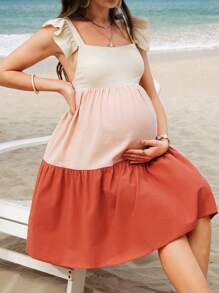 SHEIN Maternity Colorblock Square Neck Cap Sleeve Casual Summer Dress - Black and White - View 1