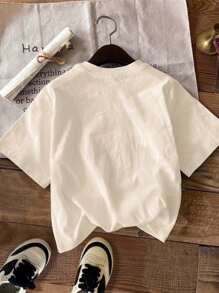 SHEIN Young Girl Casual Minimalist Short Sleeve Round Neck T-Shirt, Suitable For Summer - Khaki - View 2