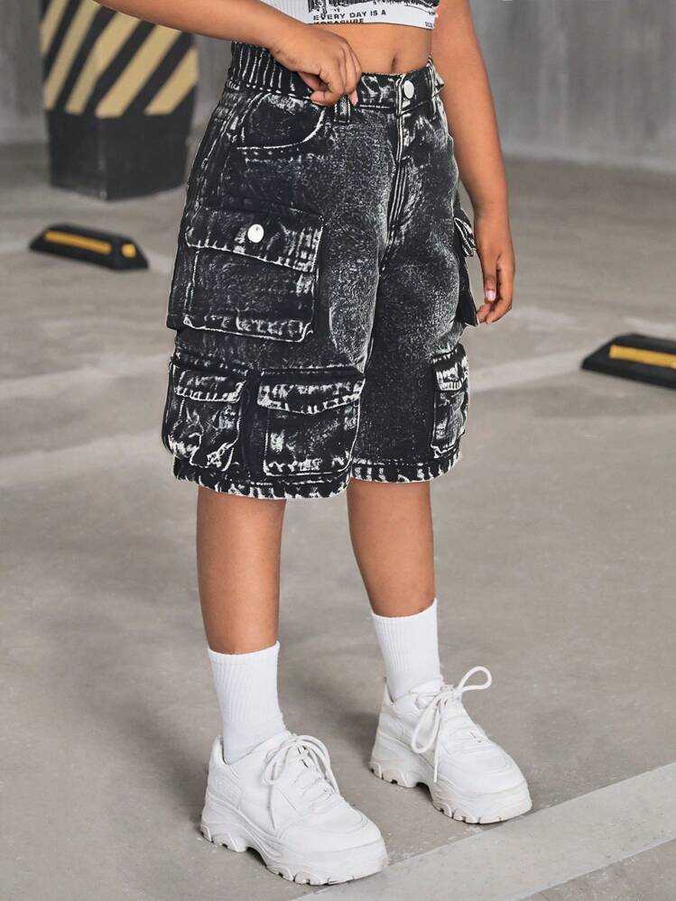 SHEIN Pantalones cortos de mezclilla de estilo utilitario holgados Y2K para niña joven, ropa casual de primavera y verano para vacaciones, estilo campestre bohemio, para playa para niña joven, ropa de calle occidental - Gris Claro - Añade 5