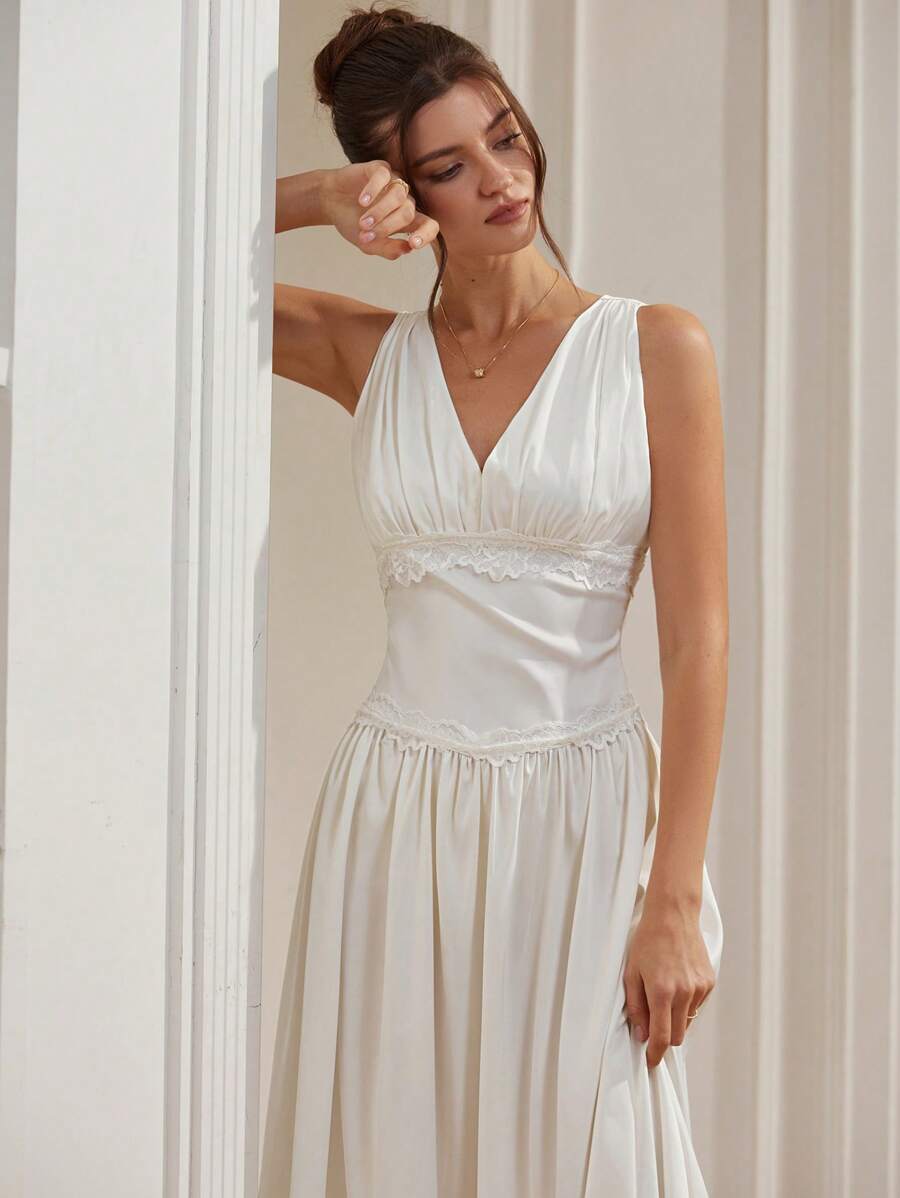 Aveloria Elegant & Romantic French Style Vintage Contrast Lace Sleeveless Waist-Cinched Midi Dress, Versatile For Wedding Season, Spring/Summer - White - View 1