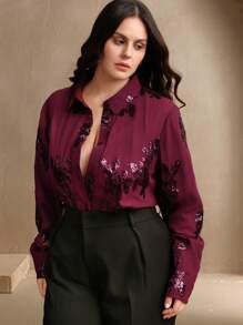 Anewsta 大码女士商务休闲法式优雅玫瑰亮片刺绣衬衫，春季