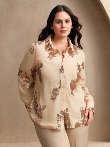 Anewsta Plus Size Women Rose Sequin Embroidered Blouse, Spring - Apricot - View 1