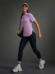 Exploreva 休闲纯色短袖弧形下摆运动服户外T恤健身房女式衬衫