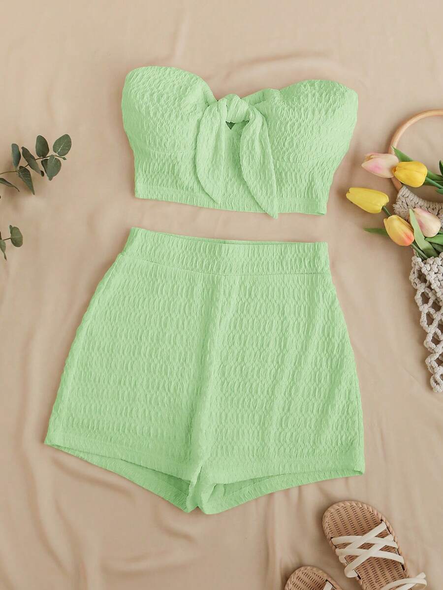 Soleia 绑带紧身胸衣上衣和高腰短裤两件套 - 綠色 - 查看 1