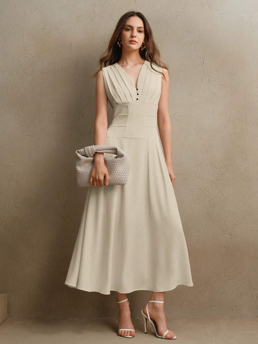 Anewsta Elegantes, minimalistisches ärmelloses Sommerkleid mit V-Ausschnitt und Taille, geeignet für Frauen bei Festivals, Old Money, Ausgang, Urlaub und als Brautjungfernkleid - Kamelfarben - Übersicht 1