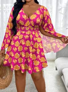 Breezaya Plus Size Holiday Banana Leaf Flare Sleeve A-Line Dress