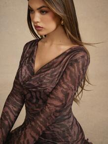 Hauture Animal Printed Asymmetric Ruffle Hem Cowl Neck Maxi Dress - Multicolor - View 2