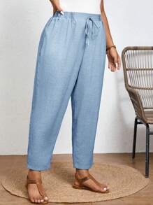 SHEIN Frenchy Plus Size Solid Color Casual Trousers With Elastic Waist And Diagonal Pockets