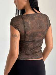 INAWLY Damen Sexy durchscheinende Spitze Muster taillierte kurzärmlige T-Shirt - Braun - Übersicht 2