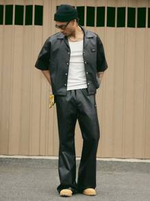 AXEPEAK 男士哥特式 PU 皮革宽松短袖衬衫和裤子休闲西装、街头服饰 - 黑色 - 查看 6