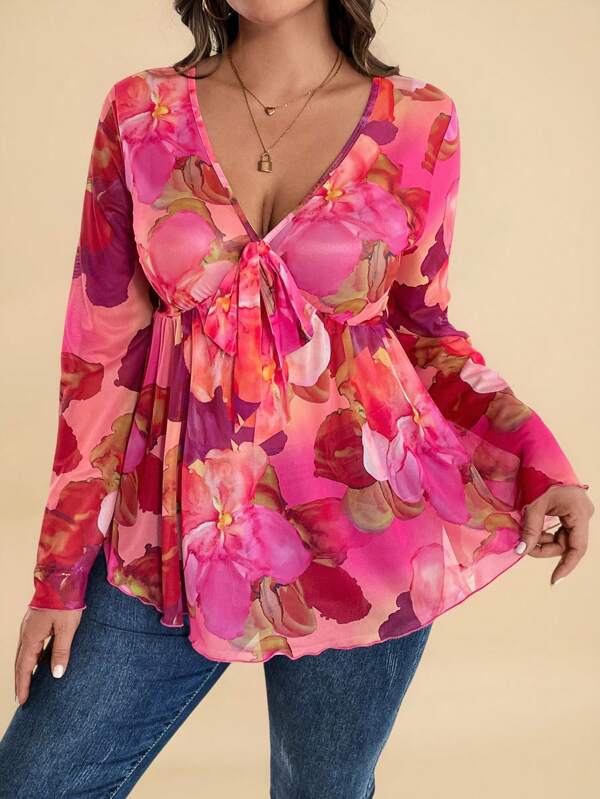 Travachic Plus Size Women's Holiday Mesh Contrast Print Knit Top