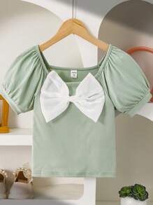 Wildeya Tween Girl T-Shirt, Casual Elegant Basic Green Knit Short Sleeve T-Shirt With Bow And Puff Sleeves, Snug Fit For Outdoor/Holiday Wear, Spring/Summer Young Girls Top