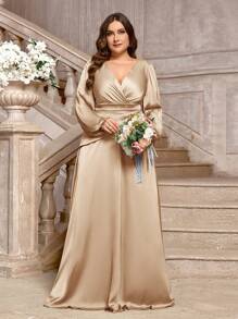 SHEIN Belle Vestido de dama de honor elegante y sencillo con mangas abullonadas y talle superpuesto en gris-verde para tallas grandes - Albaricoque - Ver 6