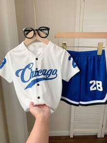 SHEIN 2 Packs Young Boys Casual Sports College Street Cute Vacation Letter Pattern Baseball Shirt And Shorts Set Suitable For Kids Outfits Young Boy Clothes Back To School Set Suitable For Birthday Parties, Evening Parties, Performances, Weddings, Baptisms, Opening Ceremonies Daily Suitable For Daily Use School Travel Sports Spring And Summer Seasons