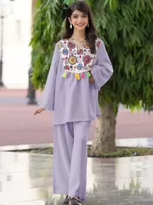 Tween Girl Floral Patchwork V-Neck Tassel Blouse & Wide Leg Pants, Loose Casual Resort Suit