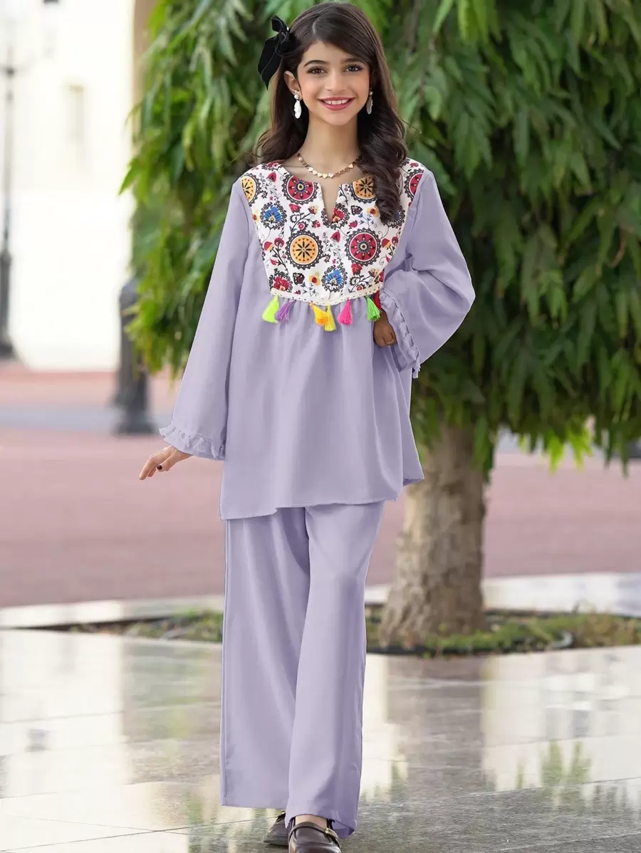 Tween Girl Floral Patchwork V-Neck Tassel Blouse & Wide Leg Pants, Loose Casual Resort Suit