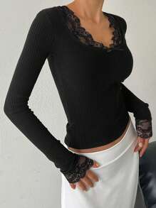 DAZY Women's Lace Splice Crew Neck Form-Fitting Long Sleeve T-Shirt - Black - View 5