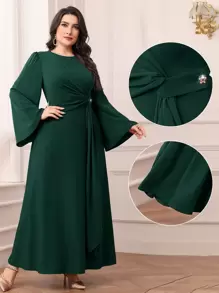 Modelyn 大码纯色抽绳连衣裙，简约时尚休闲日常穿着长款晚礼服 - 墨綠色 - 查看 1