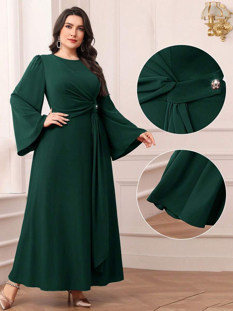 Modelyn 大码纯色抽绳连衣裙，简约时尚休闲日常穿着长款晚礼服 - 墨綠色 - 查看 1