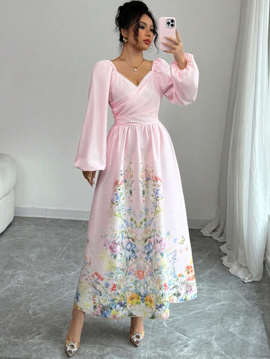 Modelyn Women's Floral Print Lantern Sleeve Sweetheart Neck Elegant Mid-Length Dress - Pink - View 1