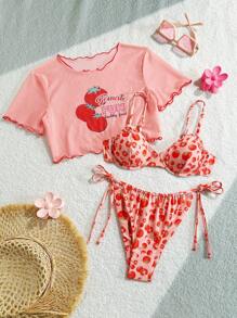 Swim Mod Costume da bagno a tre pezzi da donna con stampa a frutta, reggiseno con ferretto push-up, spalline regolabili, fiocco sul retro e laccetto sui lati, stile carino e casual