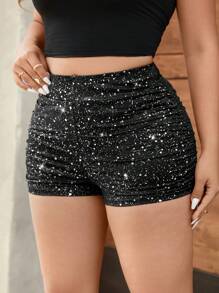 Cravure Pantalones cortos brillantes de punto con escamas y detalles fruncidos en tallas grandes para fiestas, con brillo, glamour, minifalda para citas atrevidas