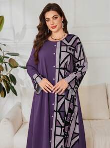 SHEIN Lacomfia Vestito con stampa geometrica a blocchi di colore e maniche lunghe, taglie comode