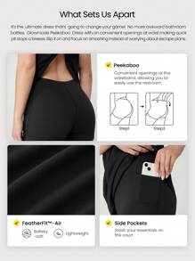 GLOWMODE FeatherFit™-Air All-Day Play Sweat-Wicking Quick-Dry Peekaboo Adjustable Round-Neck Dress With Built-In Shorts Side Pockets Non-Slip Grips Low Impact Yoga Pilates Studio Daily Casual Wear Removable Cups - Black - View 2