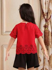 SHEIN Young Girl Solid Color Round Neck Laser Hollow Out Loose Shirt,Holiday,Summer, Travel - Red - View 2