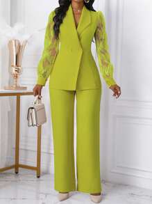 SHEIN Unity Set de 2 piezas de mujer: chaqueta y pantalones de traje con diseño de botones y adornos de encaje elegantes - verde menta - Ver 5