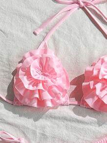 Swim Mod Women's Summer Ruffled Floral Decor Halter Neck Bikini Set, Beach Outfit - Yellow - View 3