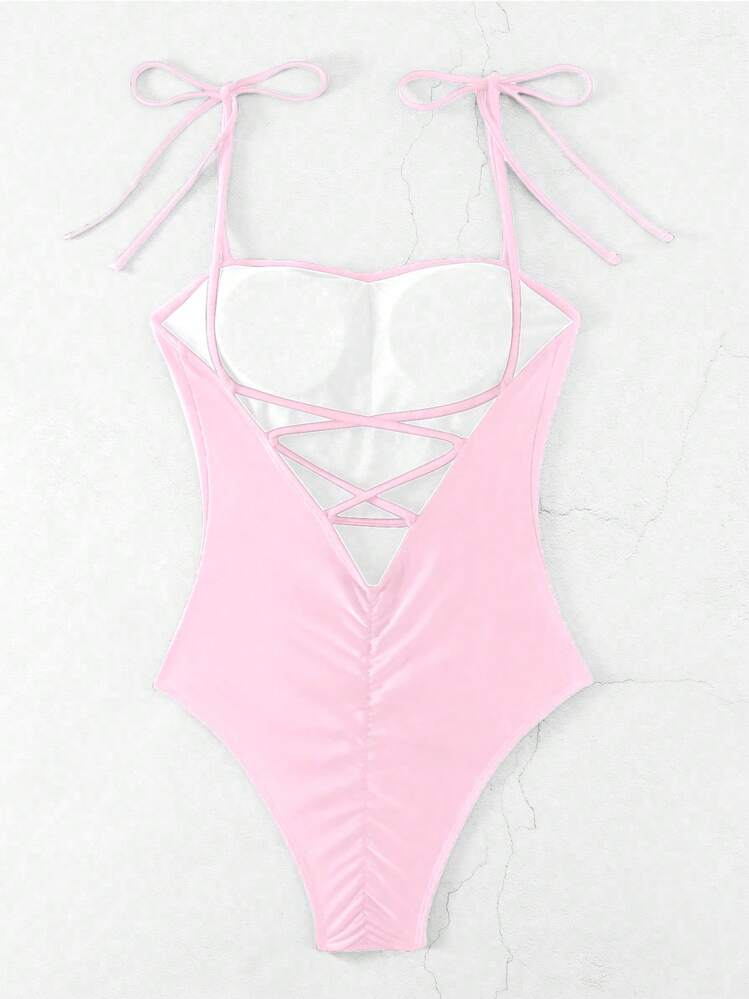 SHEIN Swim 女性用 無地クリスクロスストラップバックレス ワンピース