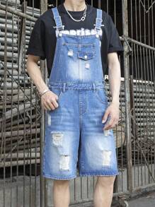 Manfinity EMRG Men's Casual Jeans With Pockets, Distressed Hem & Suspender Detail - Medium Wash - View 5