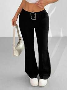 SHEIN EZwear Pantalones de mujer con diseño de brida en la cintura, unicolor, estilo acampanado, pantalones casuales