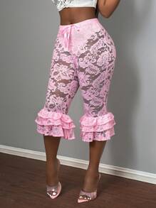 Slaydiva Quần short bó sát dài đến đầu gối cạp cao gợi cảm và ngọt ngào cho tiệc sinh nhật lễ hội âm nhạc mùa hè năm 2025 cỡ lớn dành cho nữ, có cà vạt, bèo nhún và chi tiết ren - Hồng - Xem 2