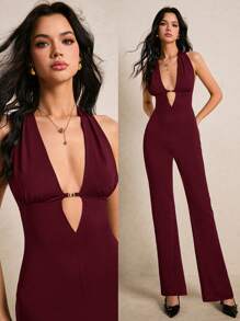 Poéselle 1pc Women's Solid Color Halter Neck Minimalist Fashionable Jumpsuit, Suitable For Summer - Burgundy - View 1
