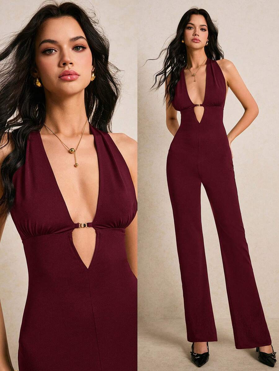 Poéselle 1pc Women's Solid Color Halter Neck Minimalist Fashionable Jumpsuit, Suitable For Summer - Burgundy - View 1