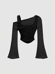 SHEIN MOD 大码修身网眼花卉印花奶油色女士 T 恤，适合约会、派对、休闲和工作、情人节 - 黑色 - 查看 2