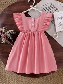 SHEIN Young Girls Pink Lace Trim Cinched Waist Tassels Pockets Embroidery Dress, Casual Cute Summer Outfit For Little Girls - Pink - View 2