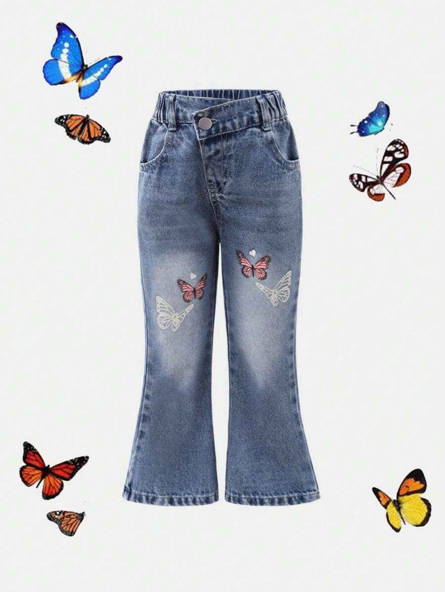 Young Girls Flared Distressed Jeans, Light Blue Denim, Asymmetric Waistline, Cute Butterfly Print, Fashionable Casual Style, Versatile For Daily Casual And Outdoor Wear, Girls Denim Pants - Light Wash - View 1