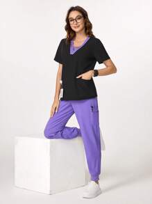 Scrubzie Ten Pockets Scrub Set Solid Color Patchwork Short Sleeve Pocket Casual Top And Long Pants Scrub Uniform Set Women Scrubs For Women Women Scrub Sets Nurse Scrub Sets Women Scrub Sets For Women Essential Jogger Scrub Set Nursing Scrub Uniform Stretch V-Neck Top & Drawstring Pants Notch V-Neck Tuck In Top & Drawstring Straight Leg Pants - Black - View 4