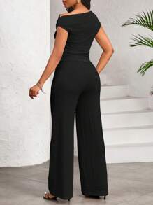 SHEIN Lady Top con textura elástica negra de cuello asimétrico y pantalones de pierna ancha con cintura elástica - Conjunto de dos piezas informal para mujer, elegante y apropiado para todas las estaciones, de talla grande
