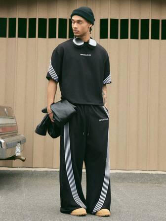 AXEPEAK Men's Loose Casual Contrast Color Stripe Short Sleeve T-Shirt And Pants 2 Pieces Set Summer Outfit, Streetwear Inspired