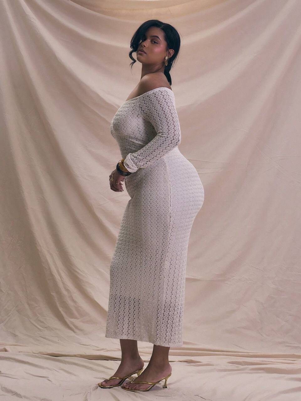 Curve Off The Shoulder Long Sleeve Lace Knit Maxi Dress,White,Autumn,Tropical,Party,Vacation,Holiday Elegant Flowy Summer Bridal Hen Do Wedding