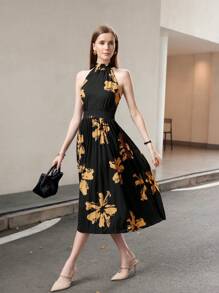 Aveloria Modichic 时尚优雅的个性化吊带无袖长裙，印花下摆、褶皱、腰带和系带，女士黑色连衣裙，优雅 - 彩色 - 查看 1