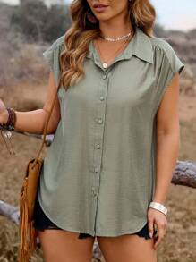 Breezaya 大码女式春夏休闲度假前开褶皱肩衬衫