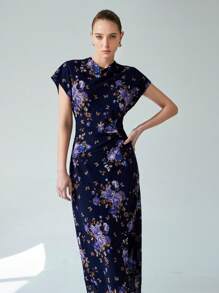 Aveloria Modichic Simple Summer Chiffon Ditsy Floral Ruffle Waist Dress, Purple - Navy Blue - View 1