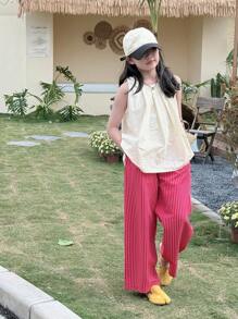 Dazy Kids 2pcs Tween Girl Tween Girl Crew Neck Sleeveless Tank Top + Striped Woven Pants Summer Set Vacation - Apricot - View 7